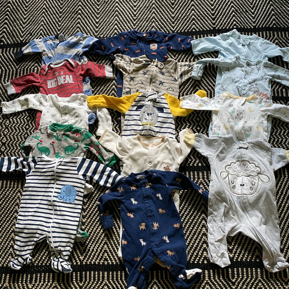 Lot of 14 newborn boy footie pajamas
